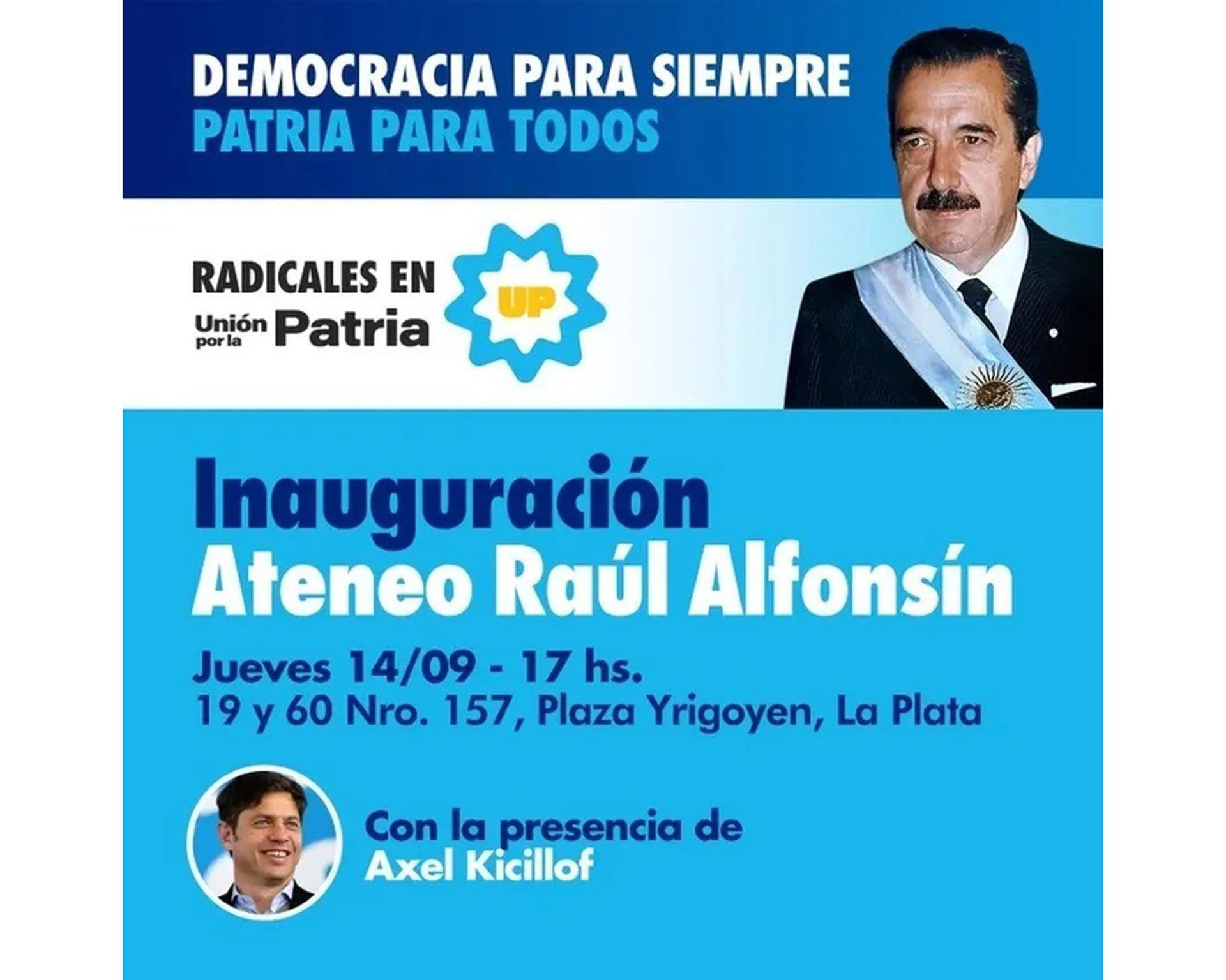 La convocatoria partidaria en homenaje a Raúl Alfonsín que tendrá la participación de Axel Kicillof