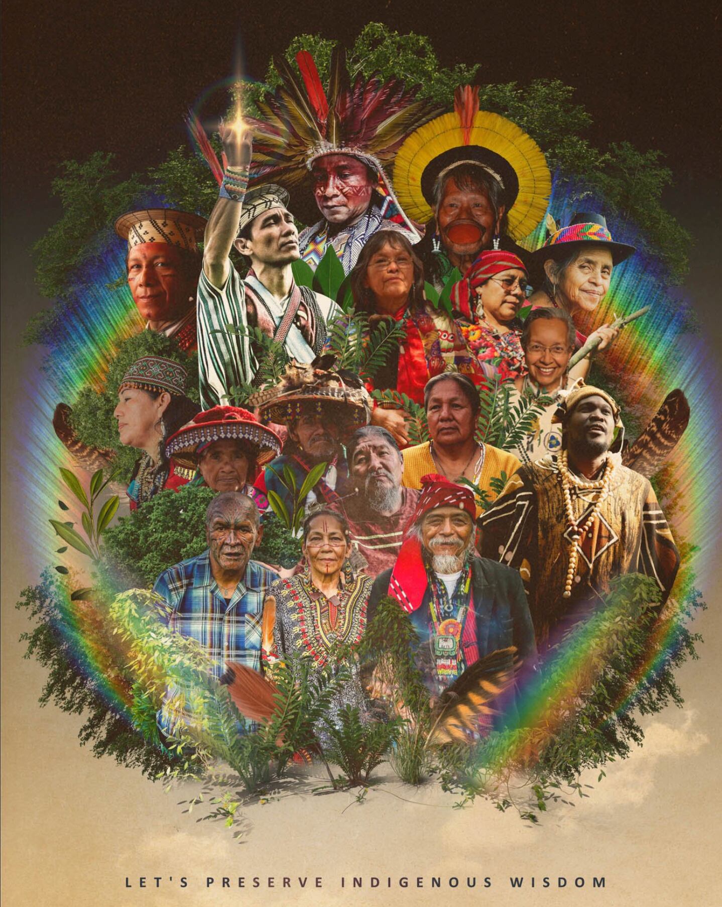 Un grupo de personas indígenas encerrado en un arcoiris acompaña la leyenda "preservemos la sabiduría indígena", obra de Carolina Niño Buro, Indigenous Wisdom, para Ancient Future, en Miami Art Week