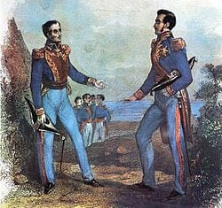 Histórica entrevista de Guayaquil, donde San Martín decidió abandonar Perú y dejarle a Bolívar la dirección militar de la campaña libertadora