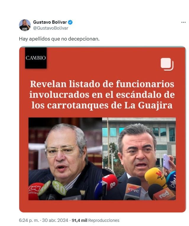 Trino de Bolívar sobre la mención del senador Iván Name y Olmedo López en las irregularidades en la Ungrd para llevar agua a La Guajira. (Crédito: @GustavoBolivar / X)