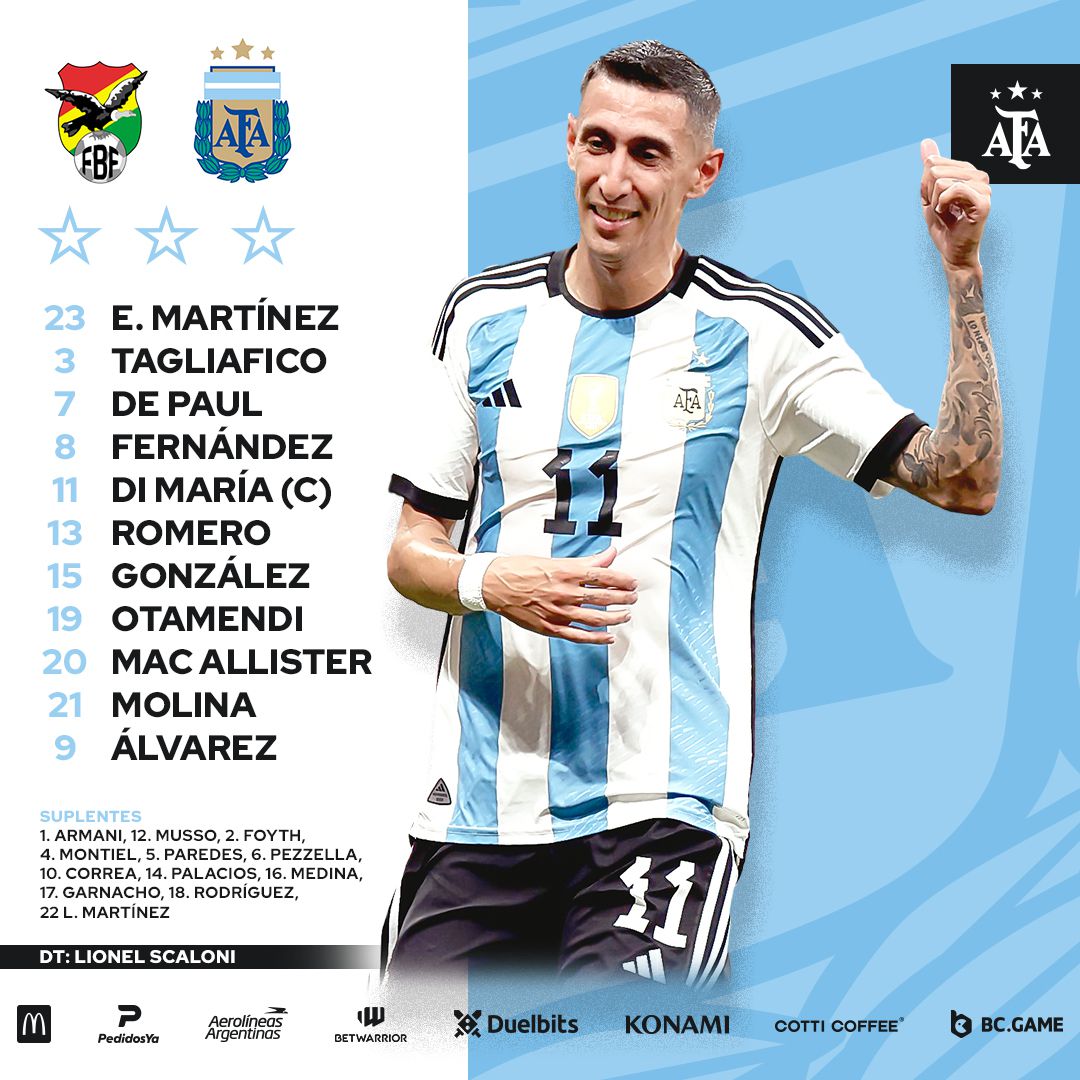Alineación de la selección Argentina, sin Lionel Messi, para enfrentar a Bolivia por fecha 2 de las Eliminatorias 2026 - Crédito: AFA