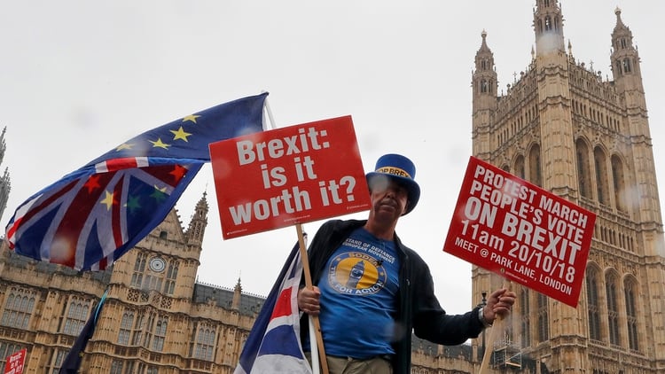 Un manifestante protesta ante el Parlamento en Londres (AP Photo/Frank Augstein)