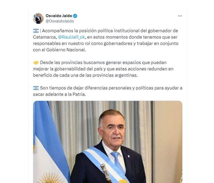 Osvaldo Jaldo, gobernador de Tucumán, coincidió con su par de Catamarca, Raúl Jalil, en apoyar la Ley Bases