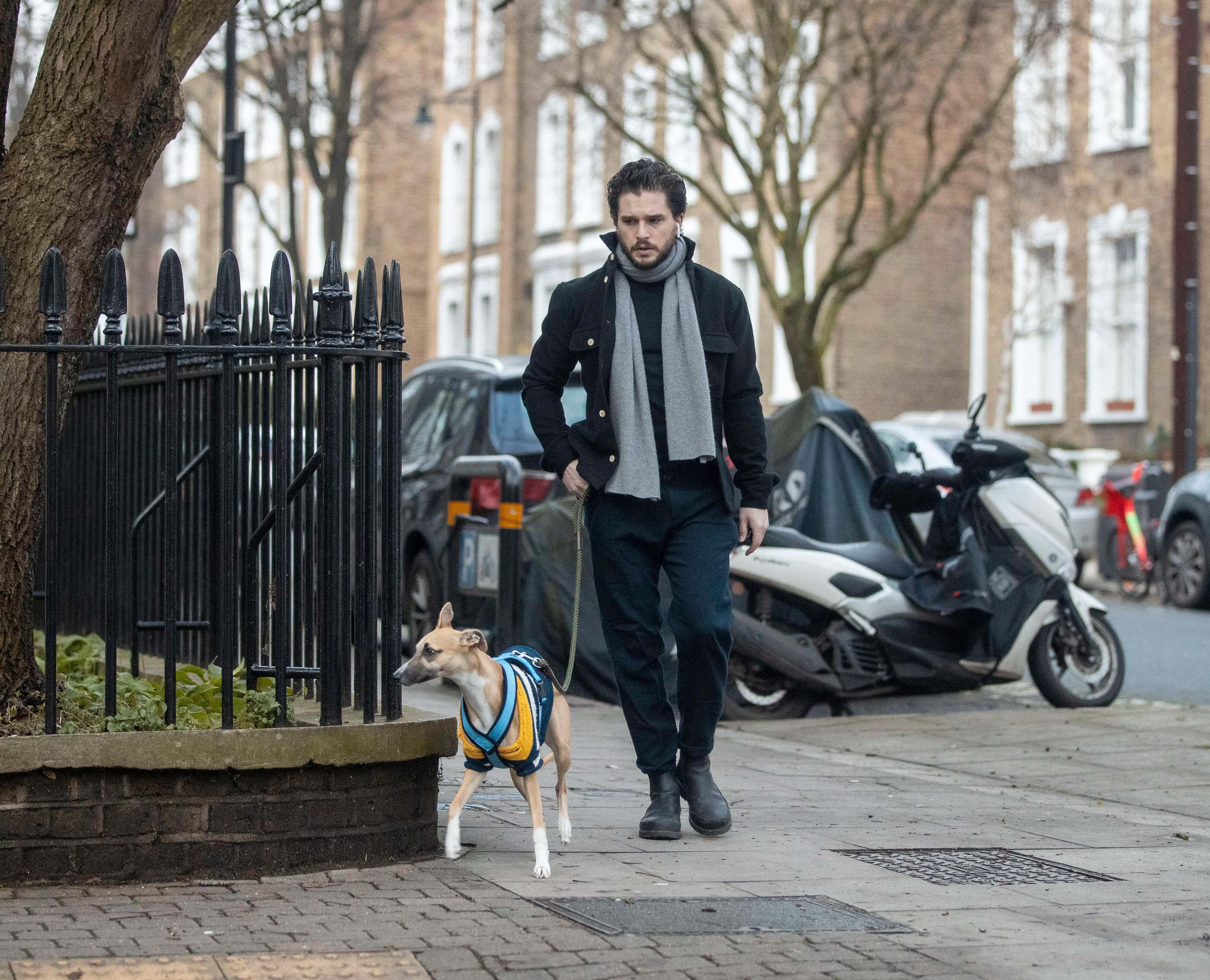 Kit Harington sacó a pasear a su perro por las calles de Islington, al norte de Londres, Inglaterra. El actor respetó las normas de confinamiento y se limita a salir solo para realizar compras esenciales, correr (solo) o sacar a su mascota a hacer sus necesidades