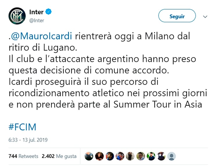 El tuit de la cuenta oficial del Inter con el anuncio de la despedida de Icardi de la pretermporada