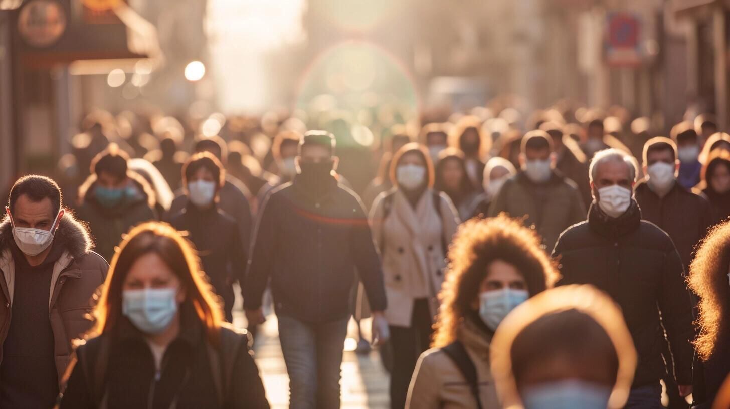 Grupo de individuos en un entorno urbano utilizando mascarillas faciales para prevenir la propagación del Covid-19. La fotografía captura el compromiso colectivo con la salud pública y las medidas de prevención contra la pandemia y enfermedades respiratorias. (Imagen ilustrativa Infobae).