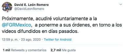David León Romero aseguró que acudiría voluntariamente a la FGR debido a los videos difundidos en días pasados (Foto: Twitter)