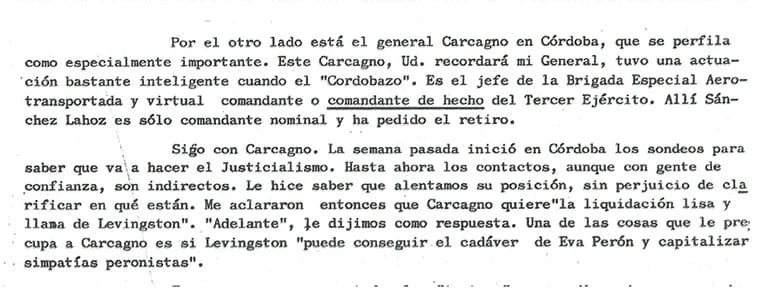 Párrafo del informe de Paladino a Perón del 17 de octubre de 1970