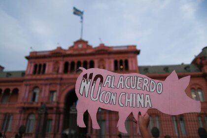 Un manifestante sostiene una pancarta con forma de cerdo que dice "No al acuerdo con China" (REUTERS/Agustin Marcarian)