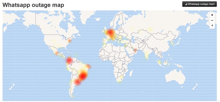 Los países más afectados por las fallas de WhatsApp, según DownDetector.