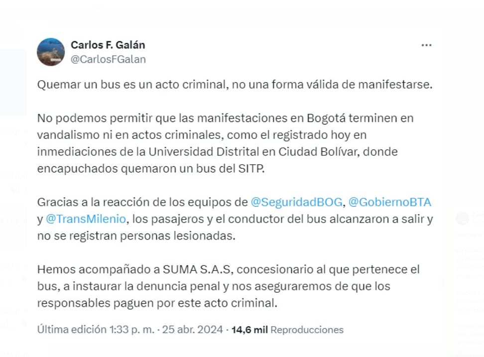 El alcalde de Bogotá, Carlos Fernando Galán, rechazó enérgicamente el episodio violento ocurrido en Ciudad Bolívar - crédito @CarlosFGalan/X