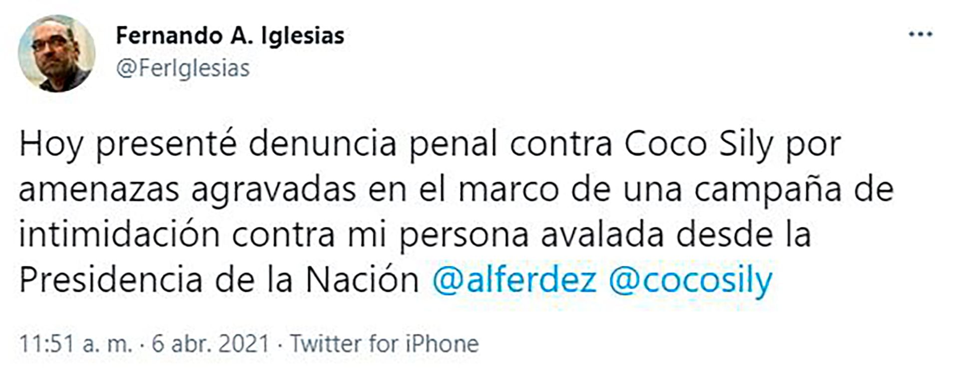 Fernando Iglesias anunció su denuncia contra Coco Sily por amenazas agravadas en Twitter 