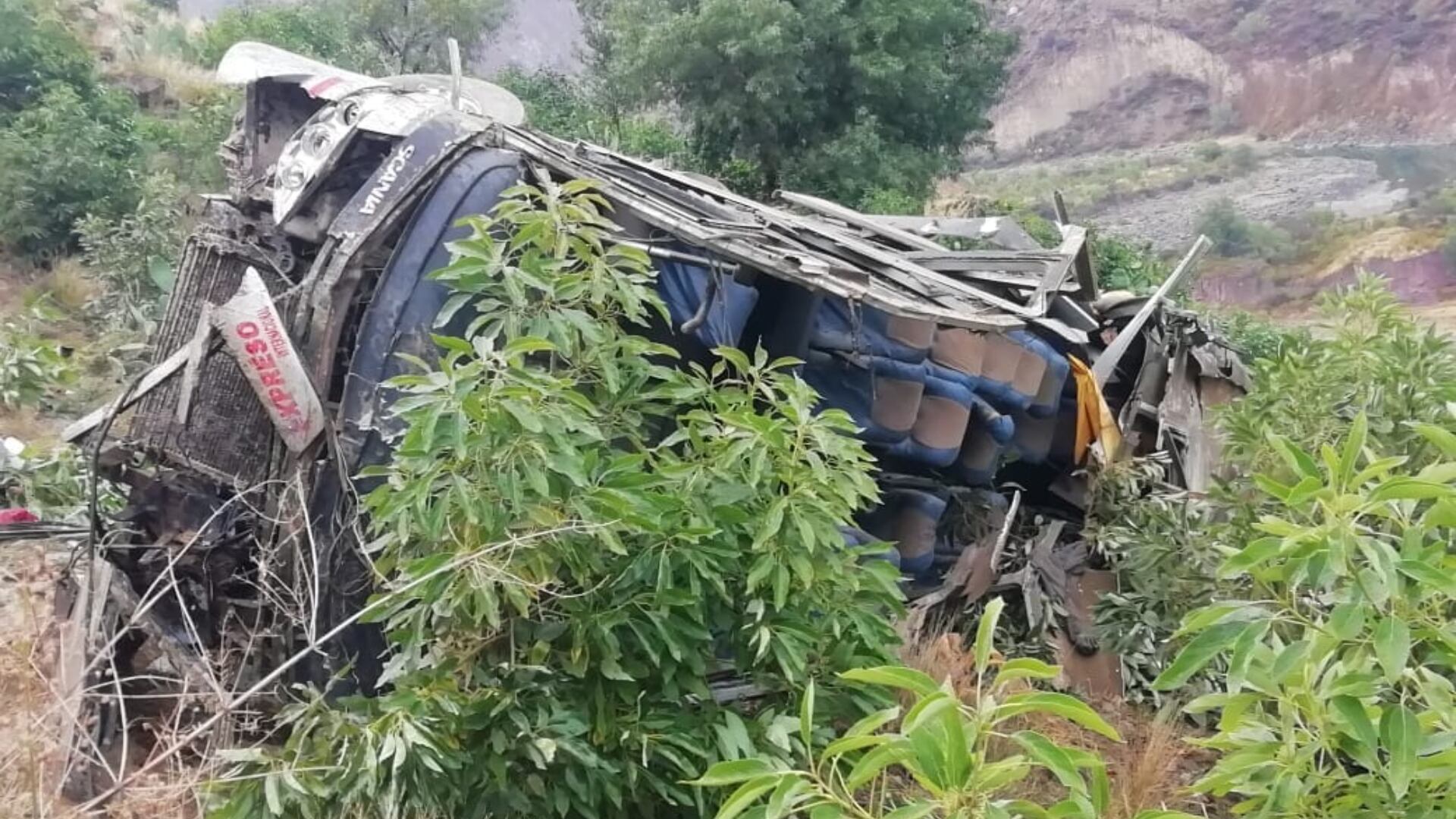 En la foto se ve al bus de la empresa Molina en el fondo del abismo