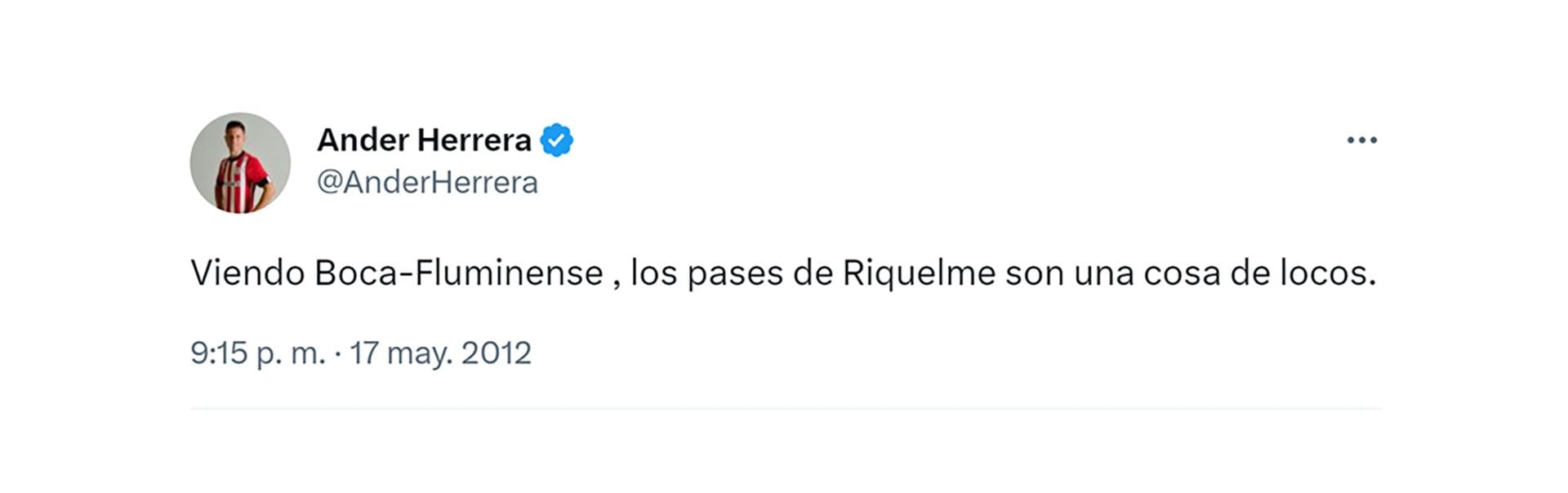 El posteo de Herrera en 2012 en el que ya admiraba a Riquelme (@AnderHerrera)