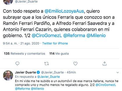 Así fue la respuesta de Javier Duarte de Ochoa en la plataforma digital. (Foto: Captura de pantalla)