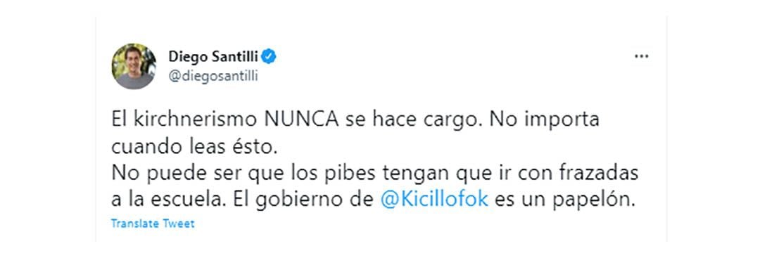 El tuit de Diego Santilli contra la gestión de Axel Kicillof en la Provincia de Buenos Aires por la falta de gas en las escuelas. 