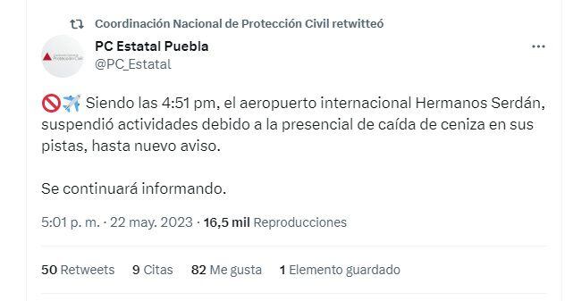 Aeropuerto Internacional Hermanos Serdán suspendió actividades por la caída de ceniza