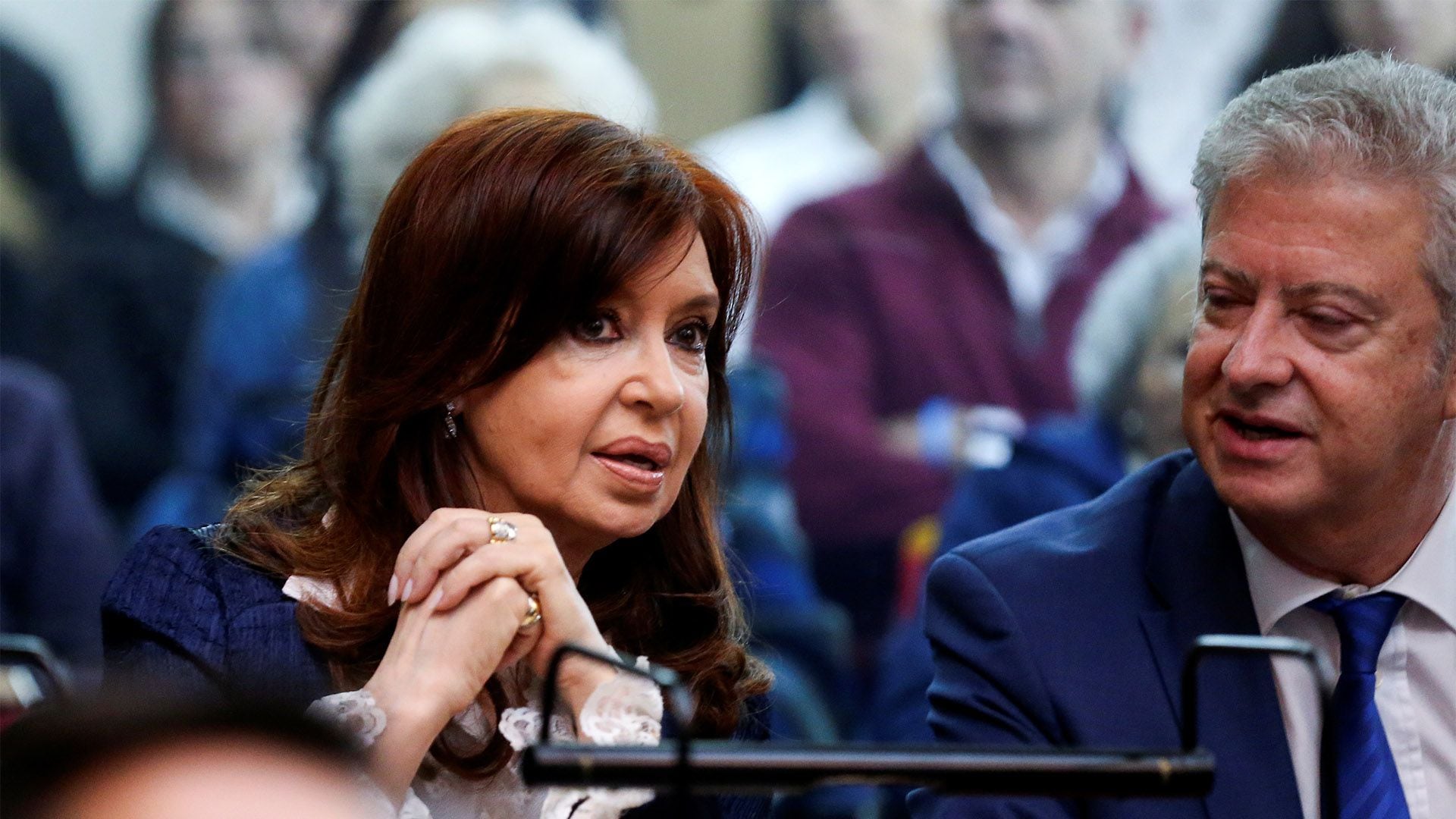 Cristina Kichner y su abogado Alberto Beraldi en la primera audiencia del juicio oral que se inició en mayo de 2019
