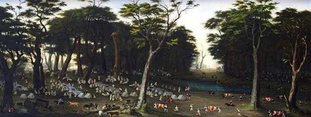 Campamento argentino en los montes de la costa del río Paraná, frente a Itapirú, 12 de abril de 1866, provincia de Corrientes. Oleo de Cándido López