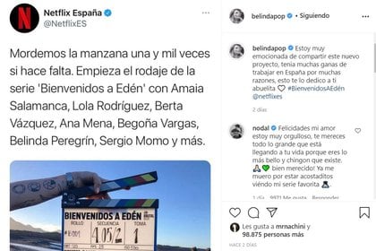 La producción de Netflix ya comenzó a rodarse en el país europeo con algunas otras personalidades del medio español, como Amaia Salamanca y Lola Rodríguez. Foto: @belidapop/Twitter
