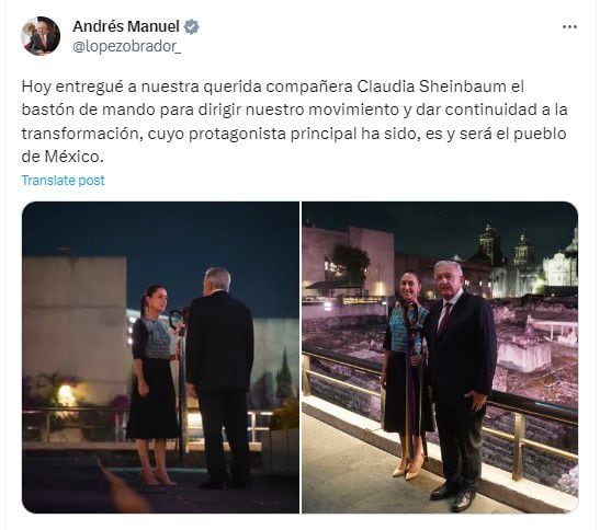 El presidente Andrés Manuel López Obrador entregó el bastón de mando a Claudia Sheinbaum en el Centro Histórico.
(@lopezobrador_)