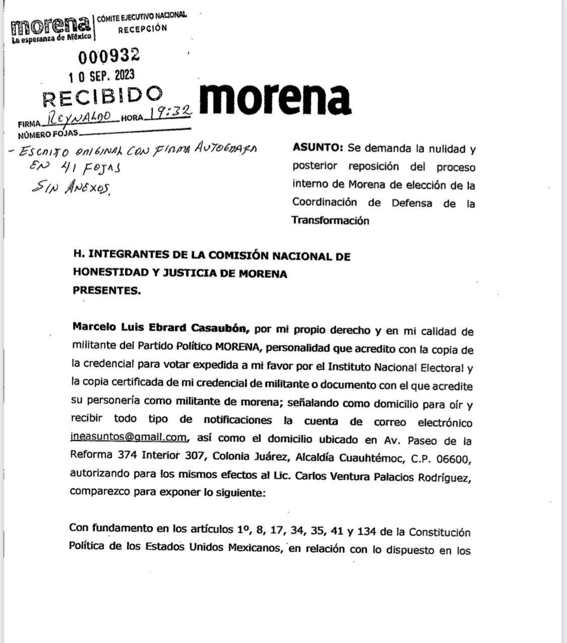 El documento presentado ante la Comisión de Honestidad y Justicia recaba pruebas sobre irregularidades en el proceso de elección. (@letroblesrosa)
