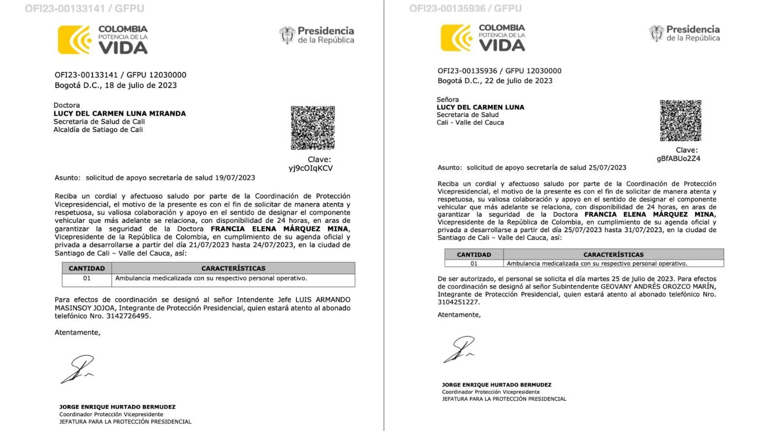 Documentos que probarían la solicitud de la Vicepresidencia a la Secretaría de Salud en Cali por una ambulancia para Francia Márquez. Imagen de Semana