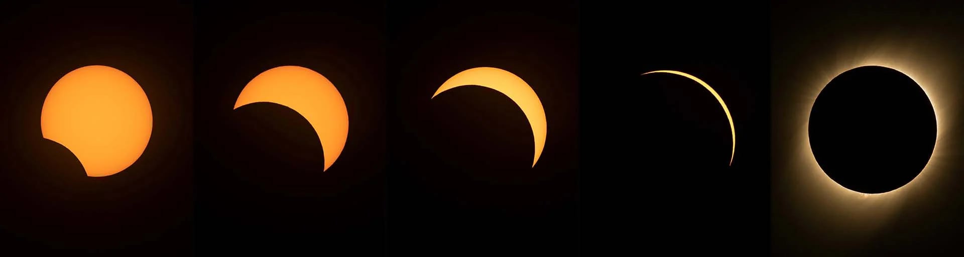 Esta combinación de imágenes creada el 02 de julio de 2019 muestra diferentes etapas del eclipse solar visto desde el Observatorio Europeo Austral (ESO) La Silla en La Higuera, región de Coquimbo, Chile (Photos by MARTIN BERNETTI / AFP)