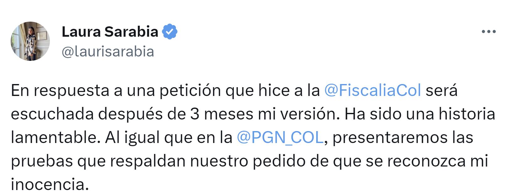 Pronunciamiento de Laura Sarabia con respecto a la citación a interrogatorio que anunció la Fiscalía General de la Nación para el 23 de agosto. Foto: @laurisarabia / X.