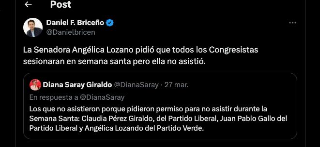 Daniel Briceño dice que Angélica Lozano no asistió al Congreso durante Semana Santa - crédito @DanielBricen