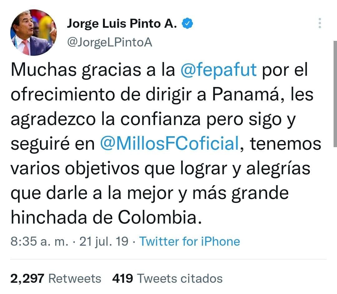 Así respondió Jorge Luis Pinto ante el ofrecimiento del seleccionado panameño. Tomado de @JorgeLPintoA