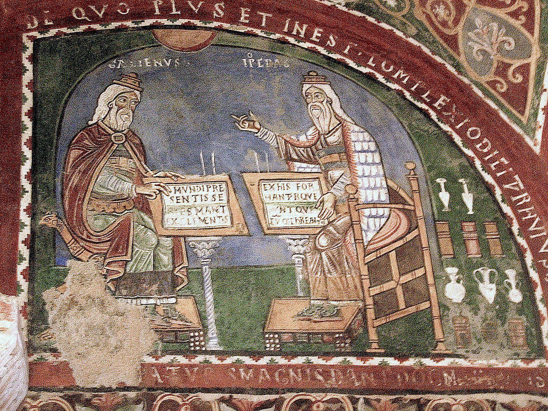 Hipócrates y Galeno, las dos figuras médicas más importantes de la antigüedad clásica, en un fresco de la capilla benedictina de Anagni, Lazio, Roma