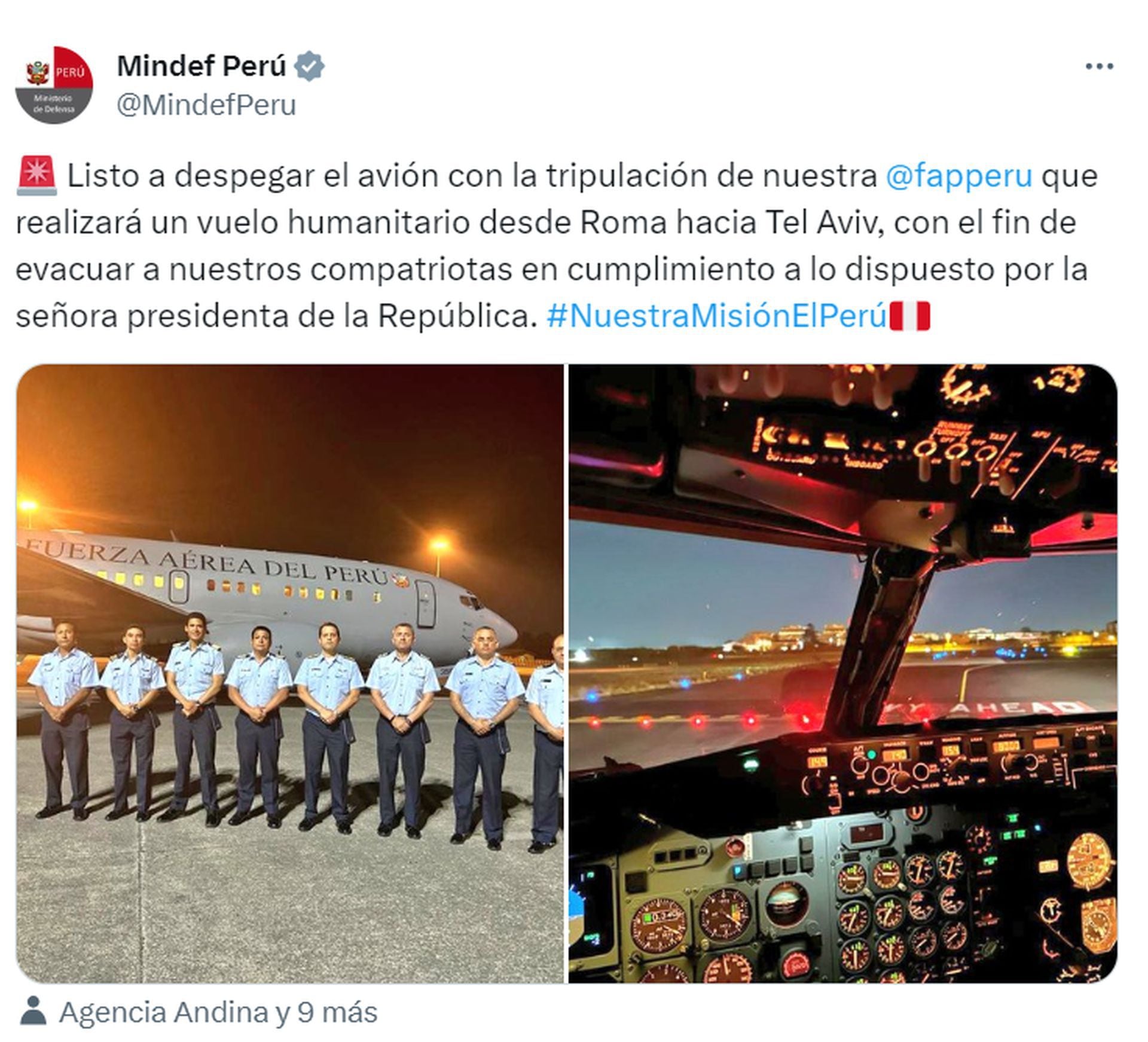 La tripulación del avión FAP que movilizó a la presidenta Dina Boluarte se alista para despegar de Roma a Tel Aviv para repatriar a los peruanos en Israel. Twitter