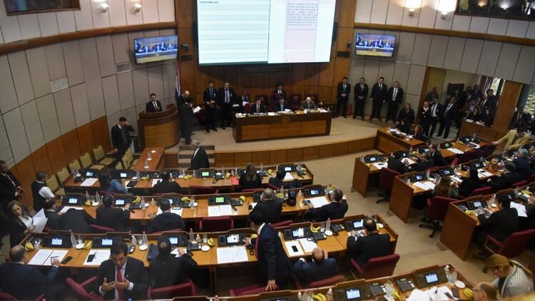 El Senado paraguayo durante una sesión de análisis de un proyecto de ley en rechazo del tratado bilateral -firmado en mayo- con Brasil sobre la hidroeléctrica binacional de Itaipú, el 29 de julio de 2019 (NORBERTO DUARTE / AFP)
