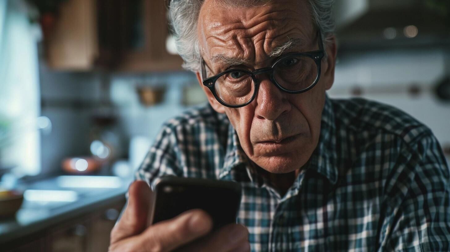 Anciano mirando con confusión y descontento un smartphone, simbolizando la brecha generacional en el uso de la tecnología. La imagen muestra la realidad de muchos abuelos que se esfuerzan por entender y conectar con el mundo digital, incluyendo el internet y las redes sociales. Refleja la importancia de la paciencia y el apoyo en la enseñanza tecnológica a personas de la tercera edad. (Imagen ilustrativa Infobae)