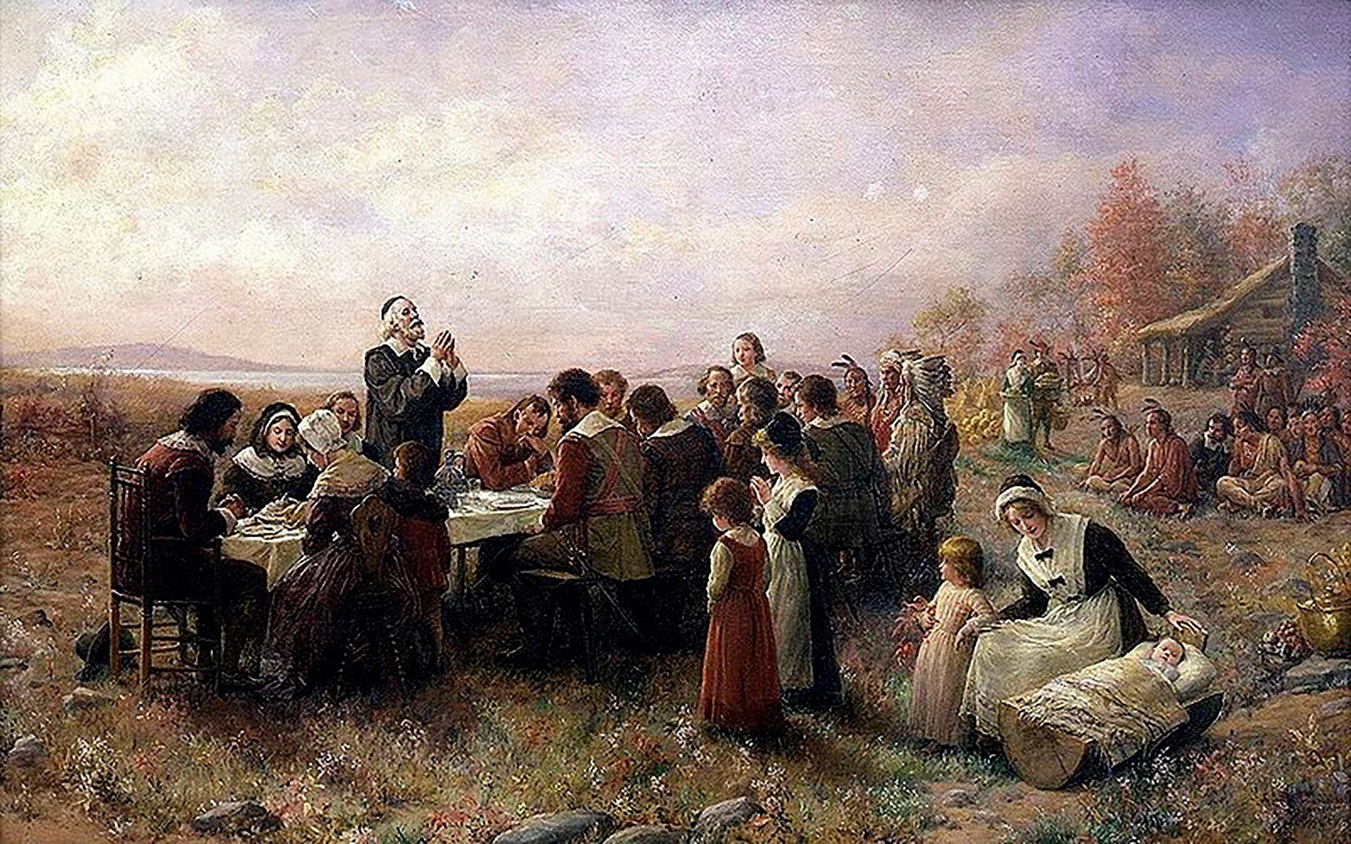 La imagen muestra el que en Estados Unidos consideran como el primer Día de Acción de Gracias, cuyo origen está en la ayuda que los nativos dieron a los primeros colonos