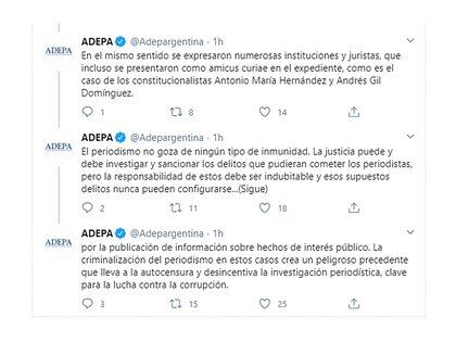 Parte de los tuits que publicó ADEPA