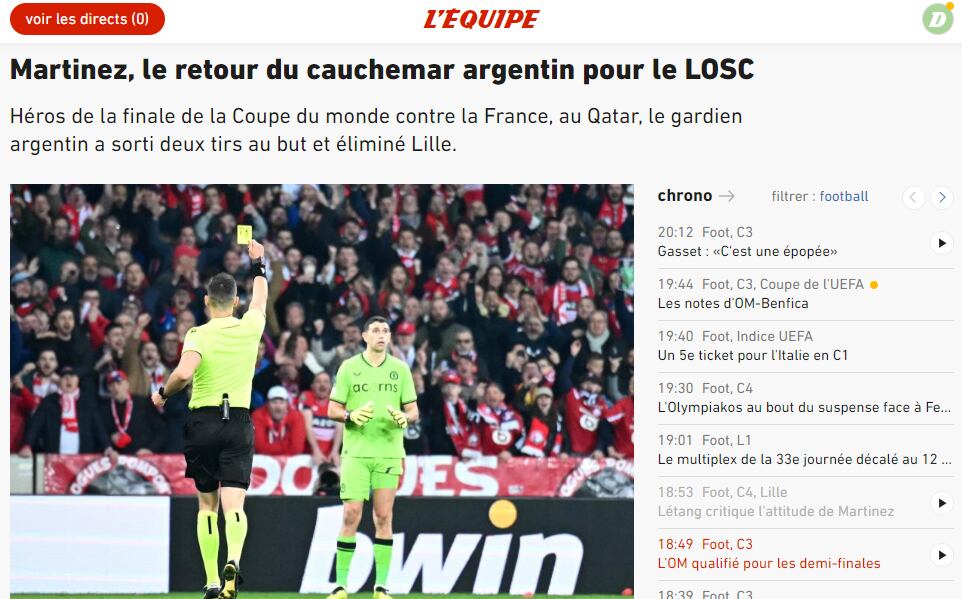 La portada de L'Equipe. El diario francés le dio la puntuación más alta al Dibu entre los dos equipos