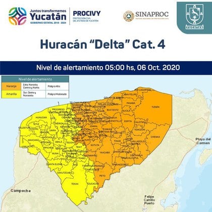 Nivel de alerta en municipios de Yucatán ante el delta del huracán (Foto: Twitter @ MauVila)