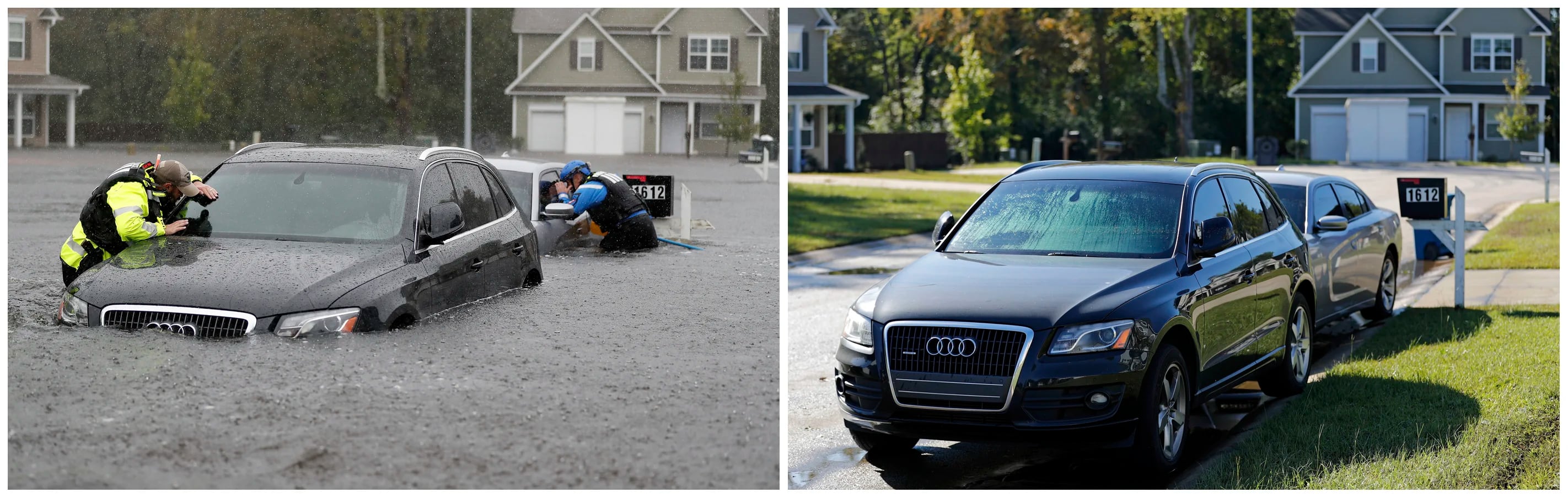 Esta combinación de fotografías muestra a un equipo urbano de búsqueda y rescate de la Fuerza especial de Carolina del Norte el 16 de septiembre de 2018, a la izquierda, y después, el 19 de septiembre, a la derecha, tras el paso del huracán Florence en Fayetteville, Carolina del Norte. (AP Foto/David Goldman)