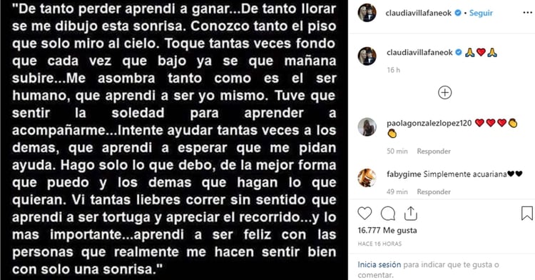 La publicación de Claudia en las redes