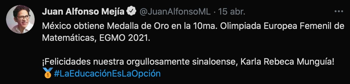 Juan Alfonso Mejía, secretario de Educación de Sinaloa, reconoció el logro de la joven de 17 años (Foto: captura de pantalla / Twitter@JuanAlfonsoML)