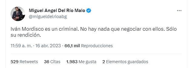 El abogado fue más tajante y dijo que "Iván Mordisco" es un criminal con el cual no se puede negociar.
Twitter (@migueldelrioabg)