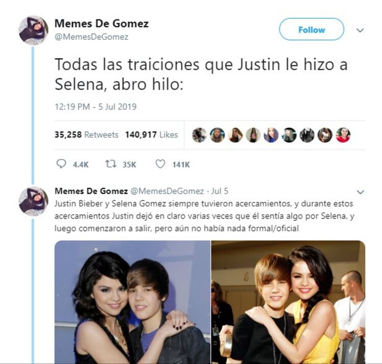 Un hilo en Twitter sobre el romance de Selena y Bieber se hizo viral el año pasado