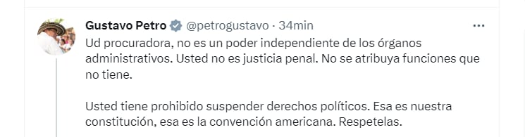El presidente volvió a cuestionar a las instituciones del poder judicial colombiano.
Twitter (@petrogustavo)