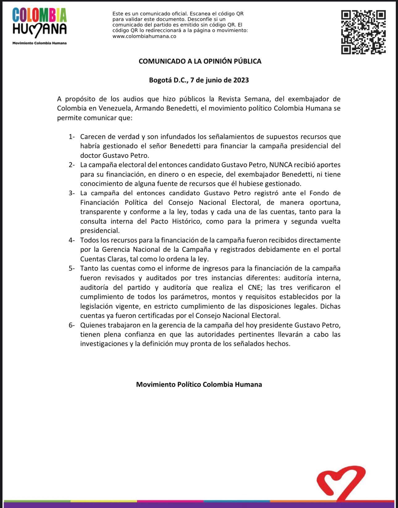 Comunicado de la Colombia Humana en la que desmienten  a Benedetti. (Captura de pantalla)