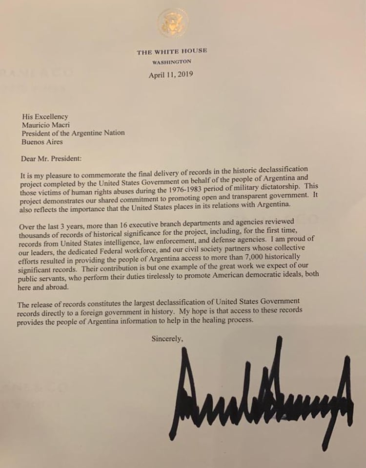 La carta que Trump le enviÃ³ a Macri sobre los archivos desclasificados