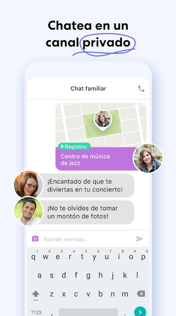 Permite chatear, compartir ubicación y enviar alertas.