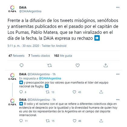 Desde la Delegación de Asociaciones Israelitas Argentinas (DAIA) expresaron su repudio por los tuits de Pablo Matera.