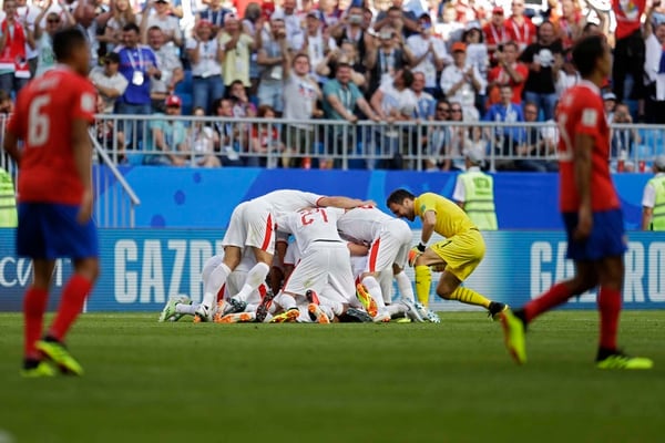 Serbian players celebrate their first goal during the group E match between Costa Rica and Serbia at the 2018 soccer World Cup in the Samara Arena in Samara, Russia, Sunday, June 17, 2018. (AP Photo/Natacha Pisarenko)